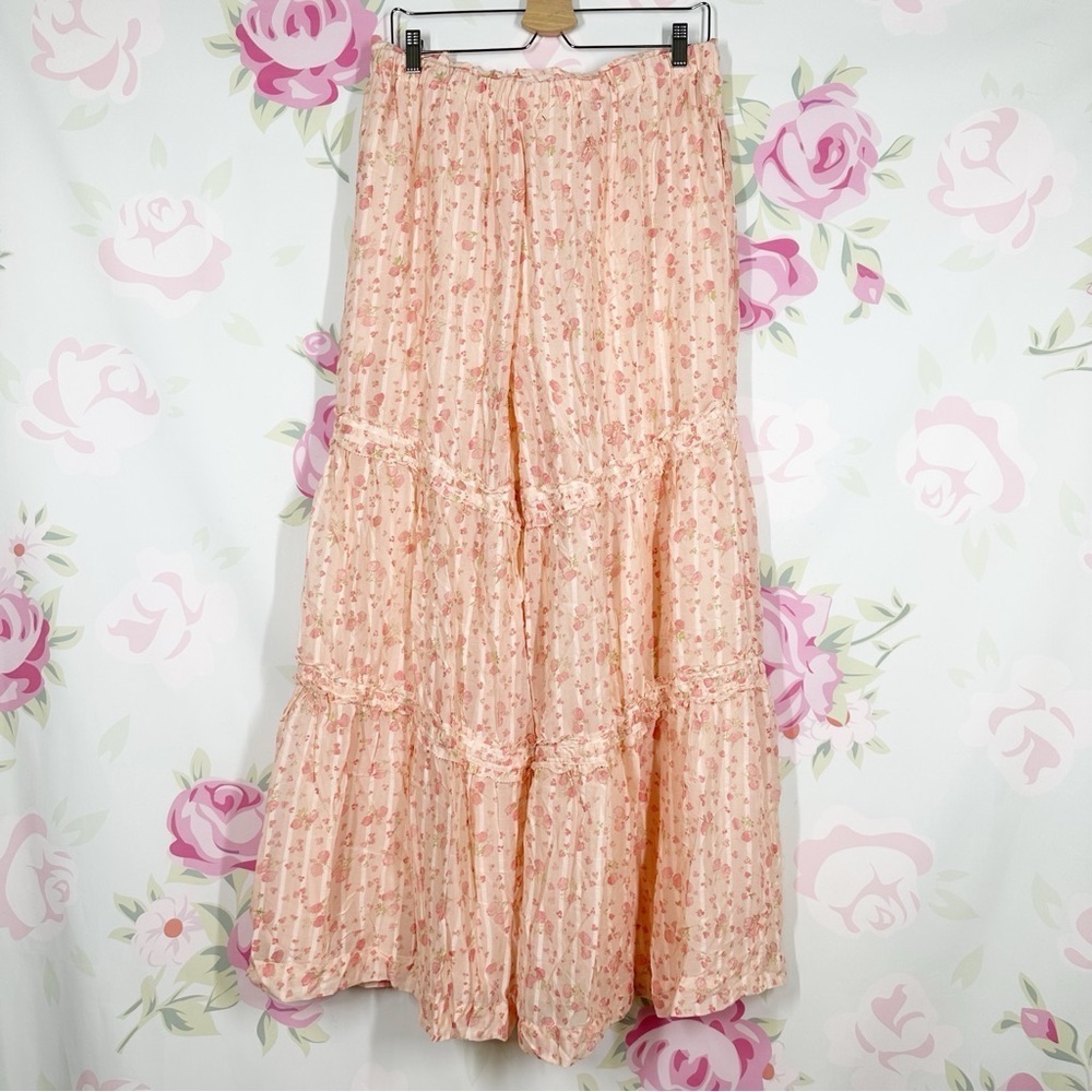 NEW Free People Emmaline Tiered Cottagecore Pull On Peach Combo Pants L - Picture 8 of 11